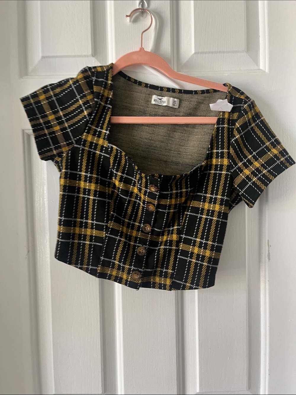 Hollister Black & Yellow Plaid Button-Front Crop Top